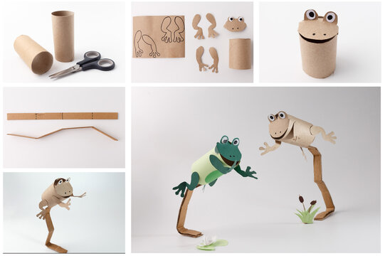 Cardboard tube frog craft with paper cut parts, scissors and assembly stages forming jumping frog figures. DIY tutorial collage photography on white background. Children paper craft and recycling