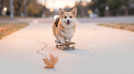 Corgi dog skateboarding happily on a sidewalk during autumn  