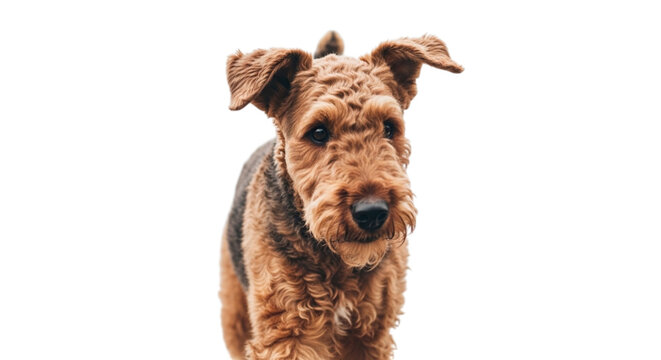 A curious airedale terrier dog looking forward isolated on transparent background