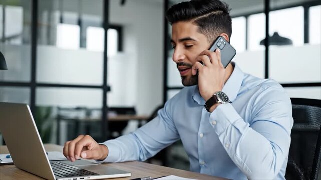 A man in a blue shirt works on his laptop while talking on the phone in an office.