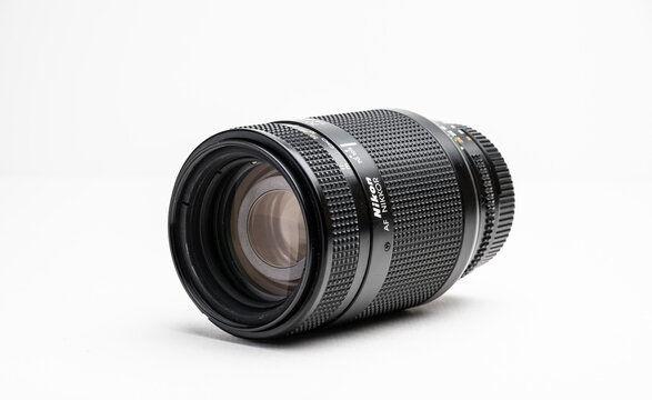 Gothenburg, Sweden - december 03 2023: Angled closeup of Nikon AF Nikkor 70 210mm zoom lens showing front element.