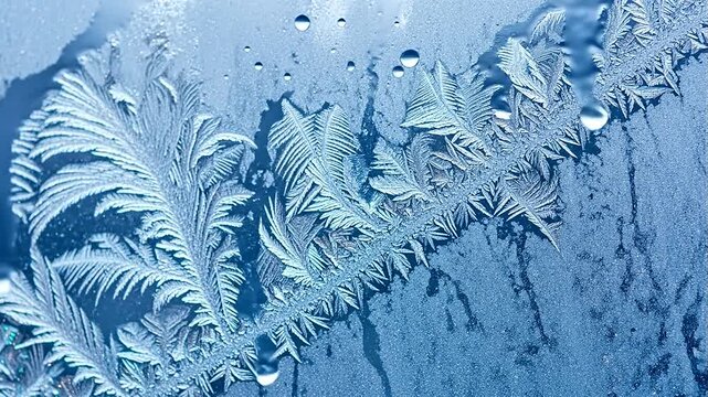 Intricate frost patterns on a windowpane.