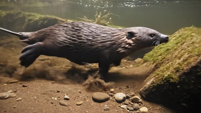 Beaver emerging from murky water underwater