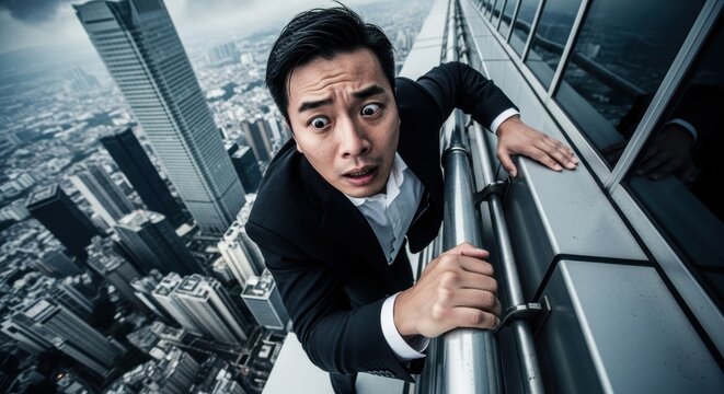 Terrified man in business suit clinging to a skyscraper, concept of vertigo, extreme risk and fear portrait
