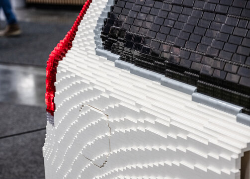 Gothenburg, Sweden - december 02 2023: Detailed Lego brick construction on Volvo model surface.