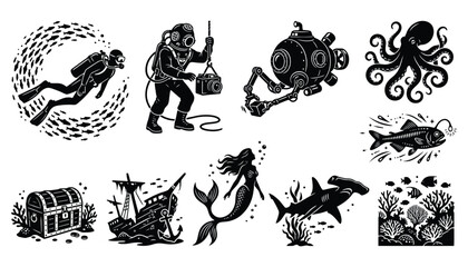 Vintage Underwater Exploration and Marine Life Silhouette Set © 777SKYLABS