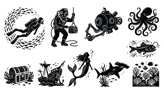 Vintage Underwater Exploration and Marine Life Silhouette Set