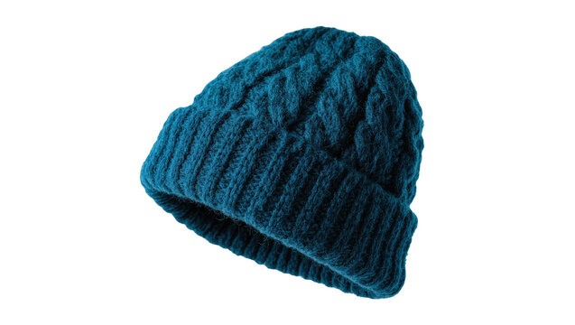 Isolated knitted teal beanie hat with cable knit pattern and ribbed cuff for winter fashion