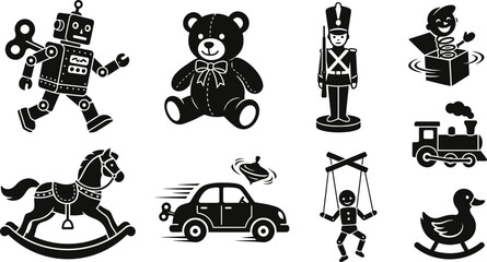 Set of vintage toy icons and silhouettes in retro style © 777SKYLABS