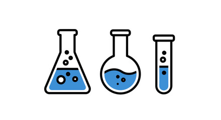 Science laboratory glassware icons with blue liquid and bubbles