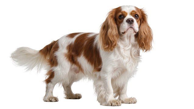 Isolated adorable purebred Cavalier King Charles Spaniel dog standing full body studio portrait
