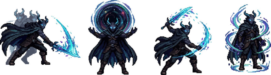 pixel art void wanderer character with cosmic cape and glowing cyan energy blade magic effects. © Raka Firdaus 