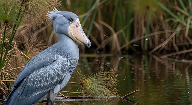 Shoebill Stork Staring Motionless in Papyrus Swamp

