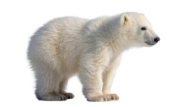 Isolated adorable young polar bear cub standing in profile, fluffy arctic mammal portrait