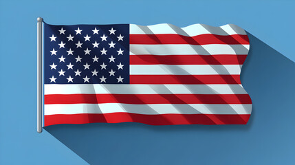 Obraz premium American flag waving with long shadow on transparent blue background symbolizing freedom and patriotism