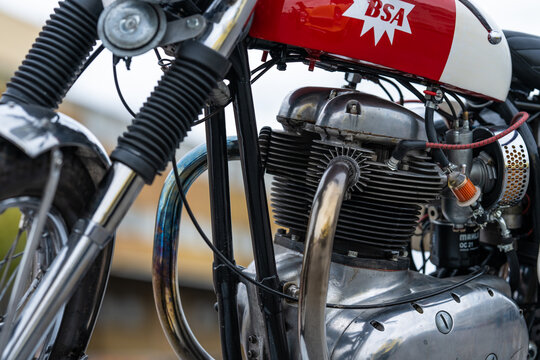 Gothenburg, Sweden - August 24 2024: Classic BSA motorcycle engine and exhaust detail at outdoor meet.