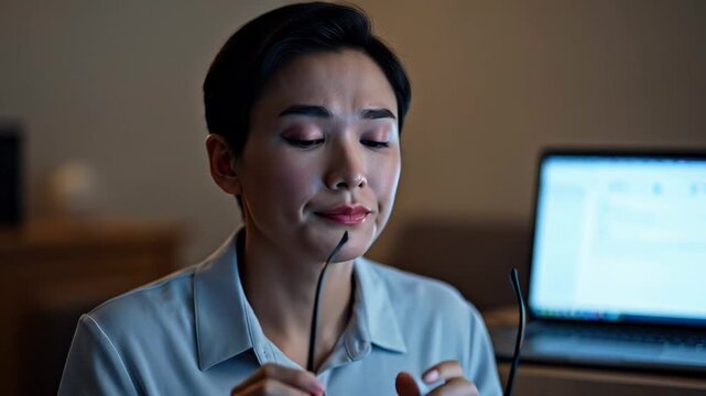 ?Woman relieving eye strain with glasses removal and gentle eye massage