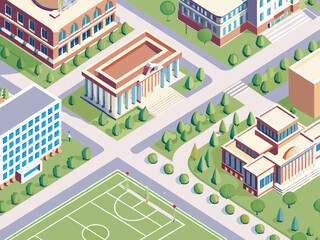 Fototapeta premium Isometric illustration of a university campus with classical architecture