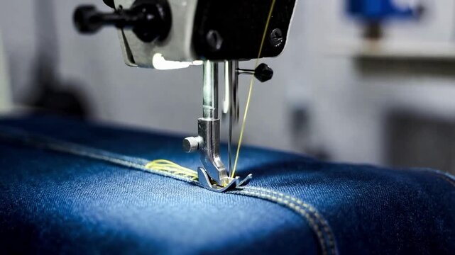 Industrial sewing machine denim needle thread stitch fabric textile closeup blue seam manufacturing jeans tailoring workshop apparel clothing craft detail precision equipment metal