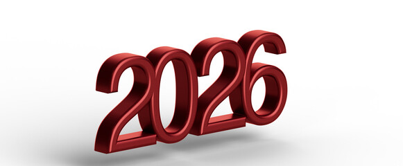 3D render of the year 2026 in red color on white background. Perfect for new year greetings and future concept images. © vegefox.com