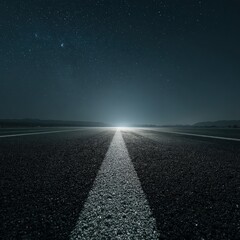 Dark Empty Road Leading to Bright Horizon Under Starry Night Sky