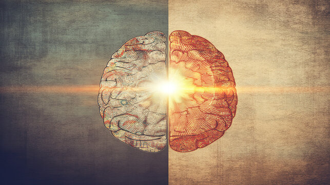 division. An artistic brain illustration split into creative and logical halves, showcasing human cognition and thought. STEM education sheets.
