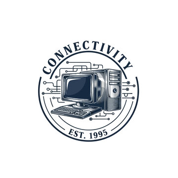 Connectivity Vintage Computer Logo with Circuit Board Lines 1995