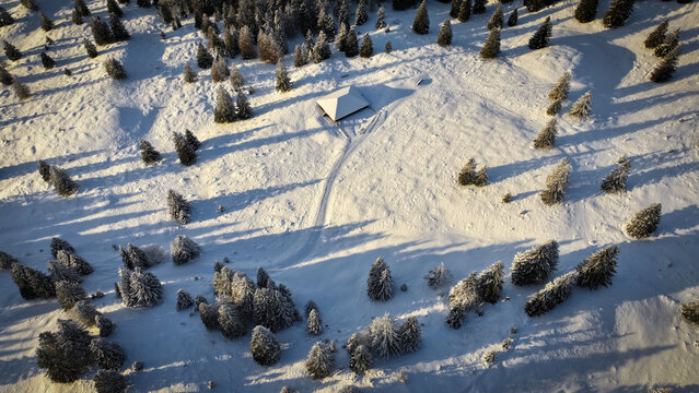 Aerial view of a solitary cabin nestled amidst a pristine, snow-laden landscape, with long shadows stretching across the undulating terrain, Gingins, Vaud, Switzerland.