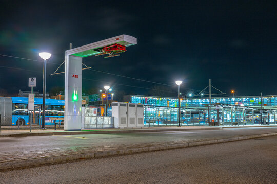 Gothenburg, Sweden - november 16 2023: Electric bus charging infrastructure at modern transit hub.