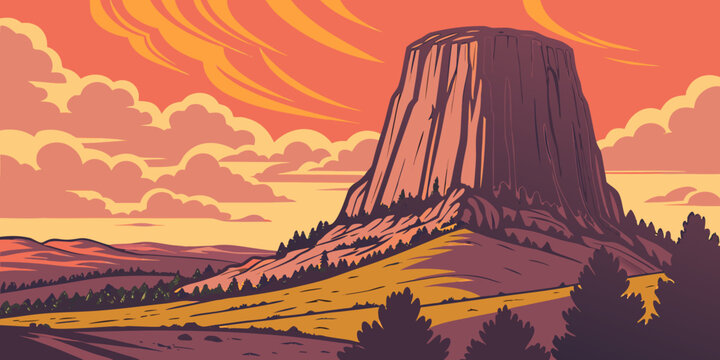 USA, US, U.S, United States - Devils Tower Sunset &ndash; Towering Volcanic Rock Formation, Dramatic Sky, and Iconic Western Landscape Panorama in the United States