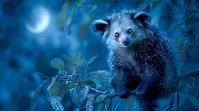 A rare aye-aye perched on a branch in a moonlit forest, an exotic nocturnal primate captured in a portrait
