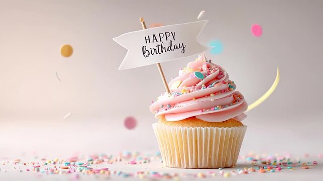 ?Colorful birthday cupcake celebration with confetti explosion and flag decoration