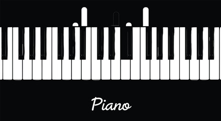 Black and white illustration of a piano keyboard with text on a dark background for music education school lessons and creative artistic design projects © MStMarzina