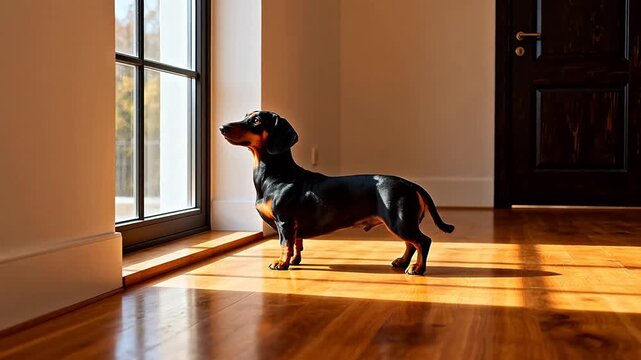 Dog standing by window in sunlight