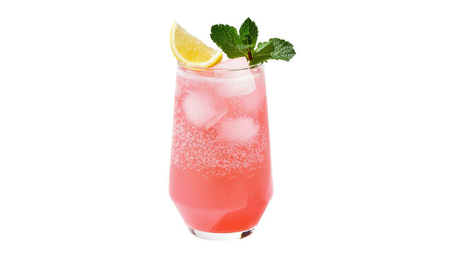 Isolated refreshing pink lemonade cocktail with ice, lemon slice, and mint garnish