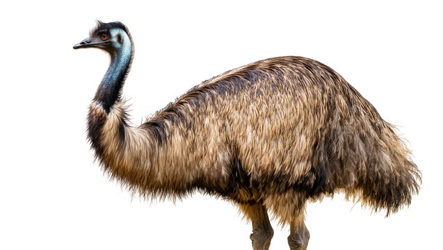 Isolated Emu bird with beautiful brown plumage and blue neck standing in profile