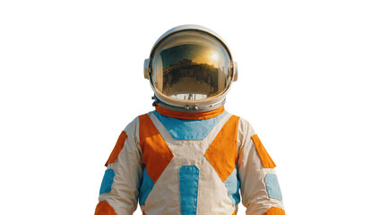 Isolated astronaut in modern spacesuit with reflective visor capturing a vibrant sunset