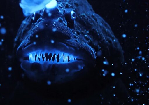 Deep-sea anglerfish illuminated by bioluminescent plankton