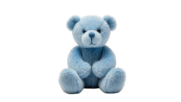 Isolated cute blue plush teddy bear sitting facing camera, soft furry toy for children