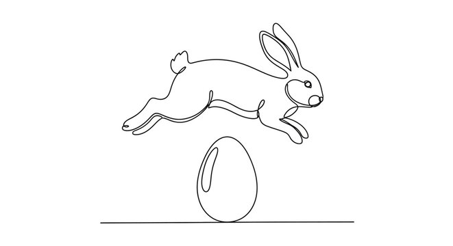 Continuous line drawing of a rabbit jumping over an egg, Easter concept