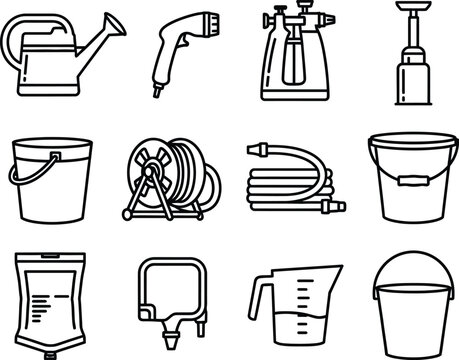 Collection of black and white line for gardening and cleaning tools watering can spray gun sprayer pump sprayer