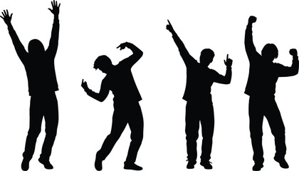 Fototapeta premium Set of four expressive black male silhouettes dancing and celebrating with raised arms and joyful poses for party and music concepts.