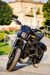  A vertical full-shot of a sleek black electric motorcycle with orange turn signals, parked on a paved walkway in a sunny urban park setting.