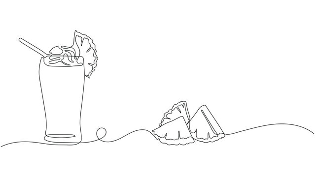 Continious line art of fresh pineapple smoothie in a glass with pineapple  slices, Editable stroke