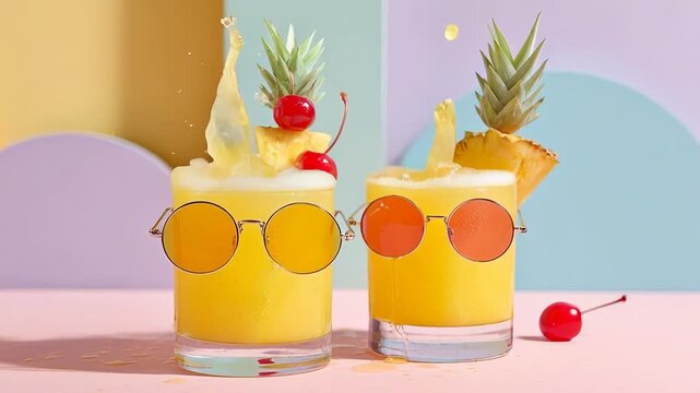 Trendy tropical drinks with sunglasses and pineapples on pastel background