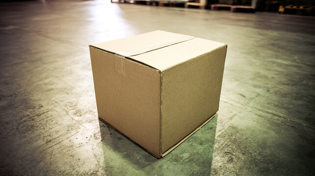 flaps. Cardboard box with sealed flaps on a warehouse floor, showcasing logistics efficiency. safety posters, maintenance manuals, designed for industrial assembly lines and welding operations.
