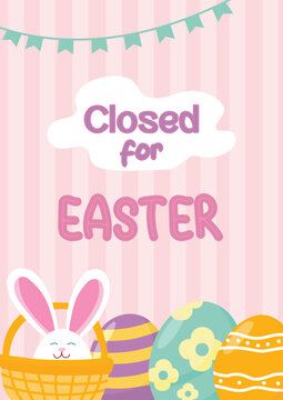 Creative poster Closed for Easter. Holiday closure. Vector illustration of basket with Easter bunny and eggs in flat style on stripped pink background. Holiday announcement. Happy Easter theme.
