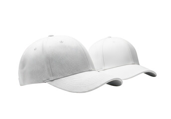 Fototapeta premium Two white baseball caps with different textures isolated on transparent background