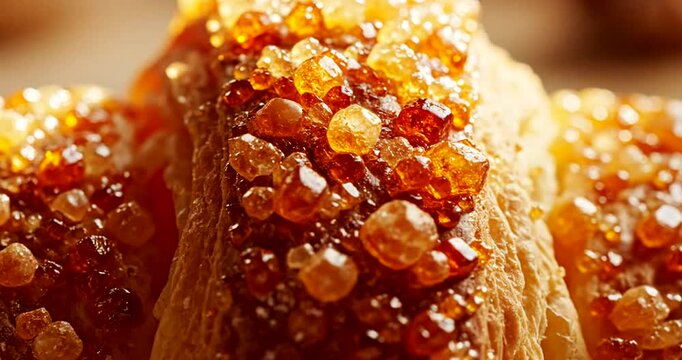 Close-up of sugar crystals on pastry.