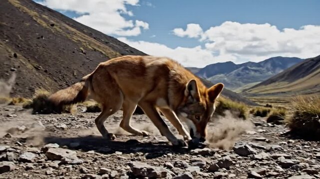 Ethiopian Wolf Running in Rocky Highlands While Hunting Rodents